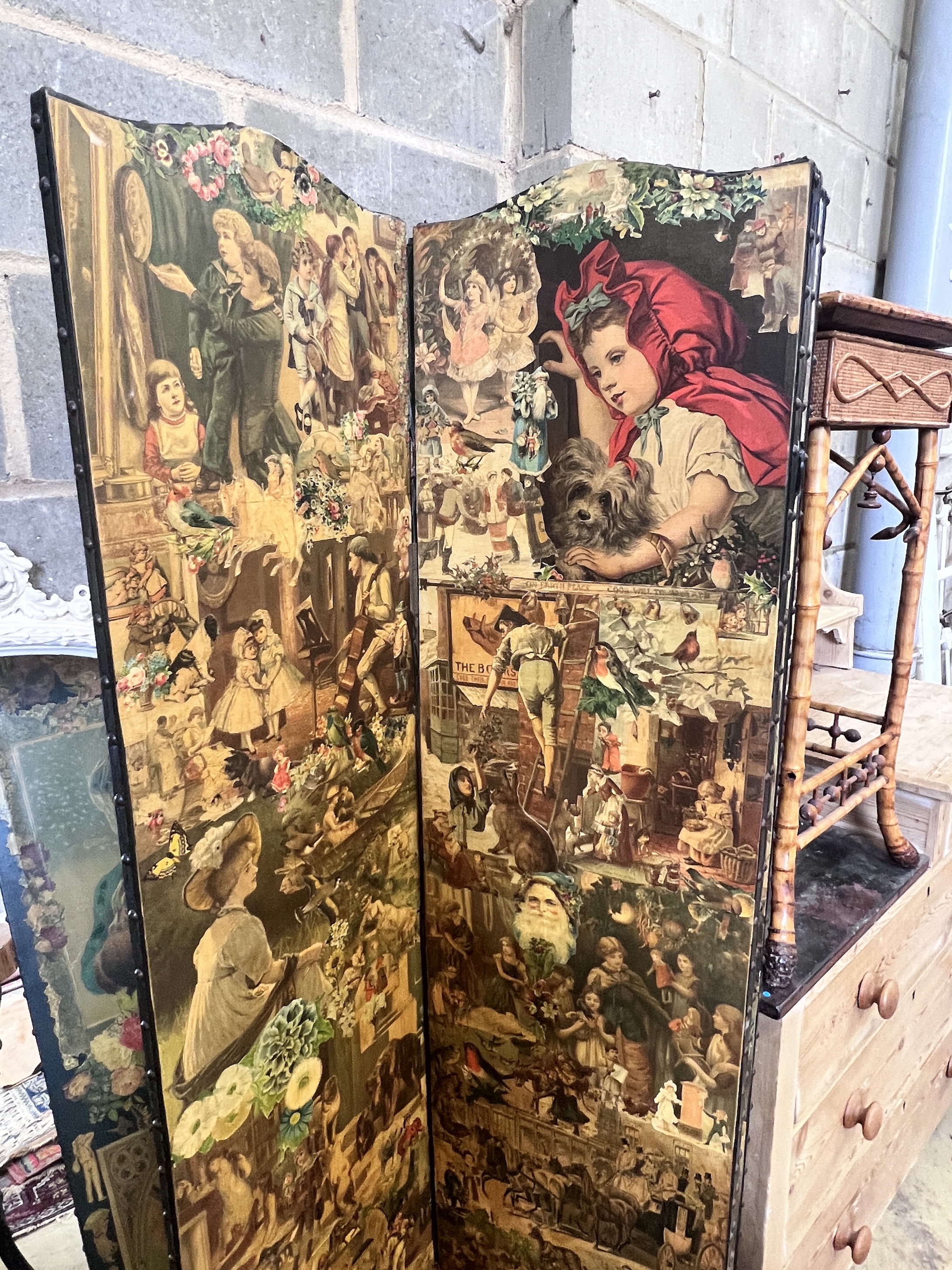 A Victorian four fold scrap work dressing screen, height 168cm